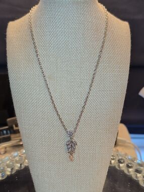 D'Orlan Rhodium Plated Flower & Leaf Necklace w Clear Swarovski Crystals NWT
